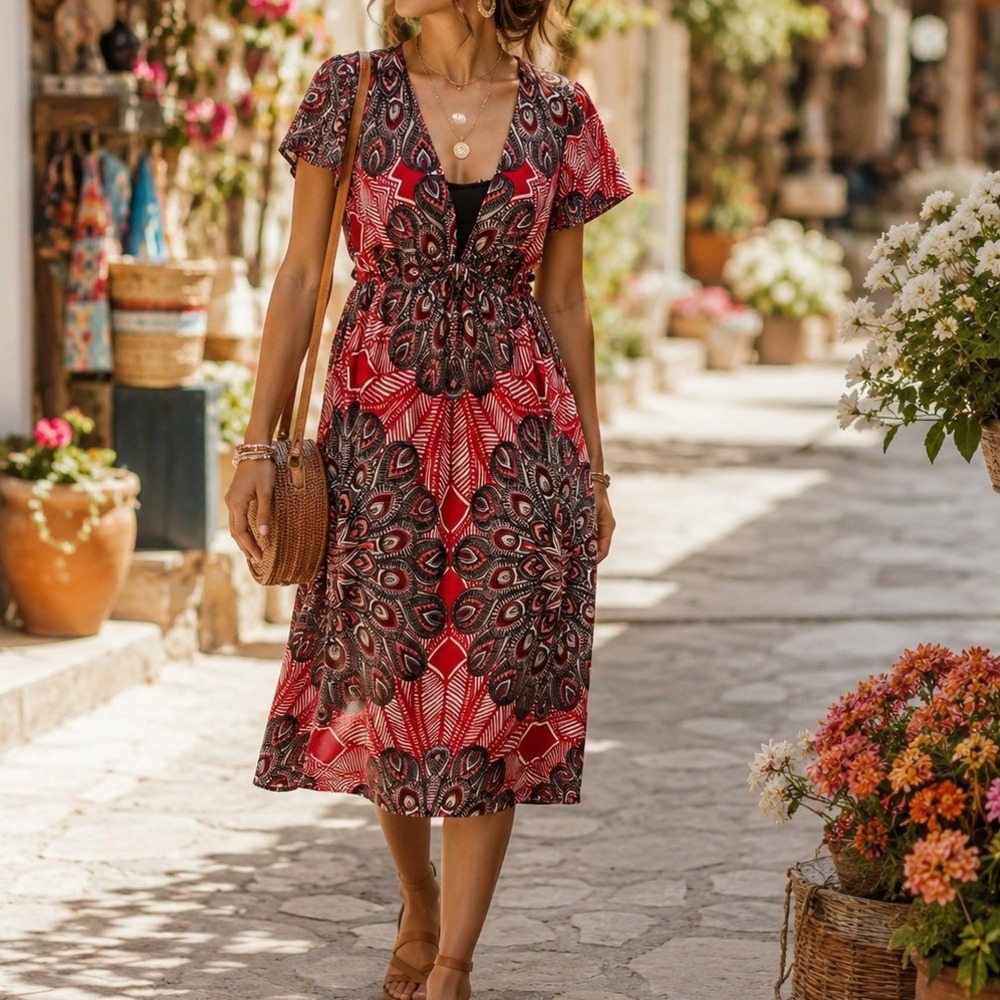Red Paisley Boho Empire Waist Dress Size Small Peasant‎ Midi Festival Artsy